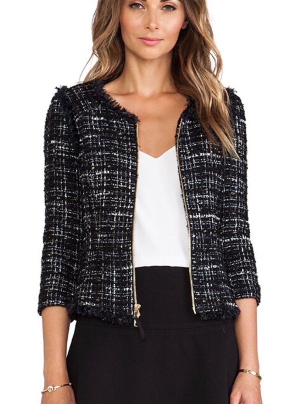 Milly Featherweight Italian Tweed Fringe with Gold Zip-Front Jacket
